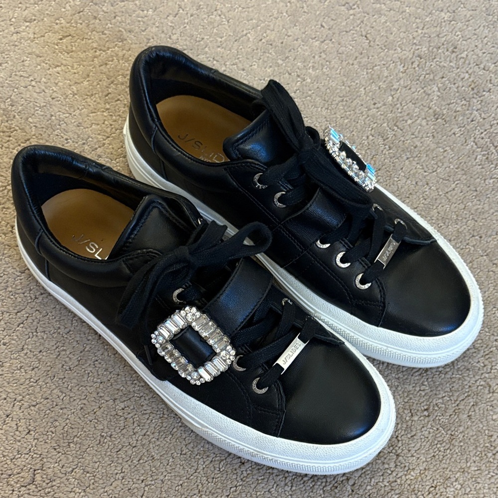 J/SLIDES Black Sneakers with Crystal Buckles